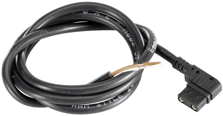 Ein schwarzes Elektrokabel mit offenem Enddraht und einem rechtwinkligen Stecker; möglicherweise defekt oder zur Reparatur vorgesehen.