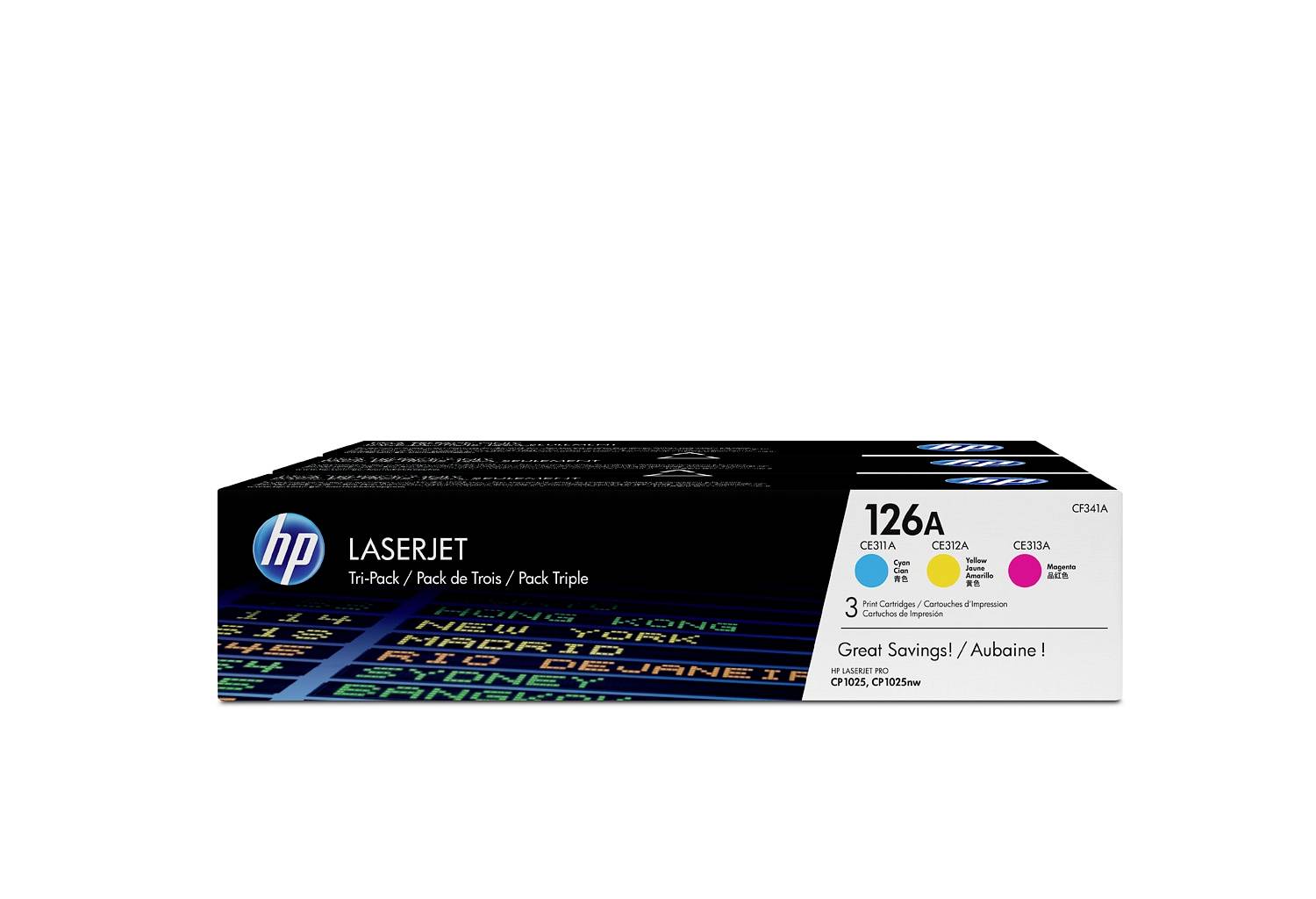 HP LaserJet 126A Dreifarben-Tonerkartuschenpakete, gezeigt in Einzelhandelsverpackung mit Cyan-, Gelb- und Magenta-Etiketten.