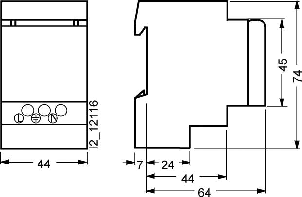 Technische Zeichnung eines Gerätegehäuses mit Abmessungen: Höhe 74 mm, Breite 44 mm, Tiefe 64 mm. Seiten- und Frontalansicht.