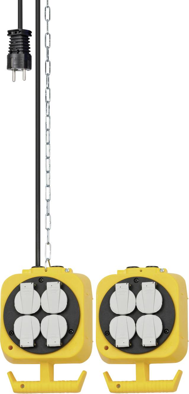 Zwei gelbe Elektrosteckdosenboxen hängen an Schnüren, jede mit vier abgedeckten Steckdosen, dargestellt neben einem Stromstecker und einer Kette.