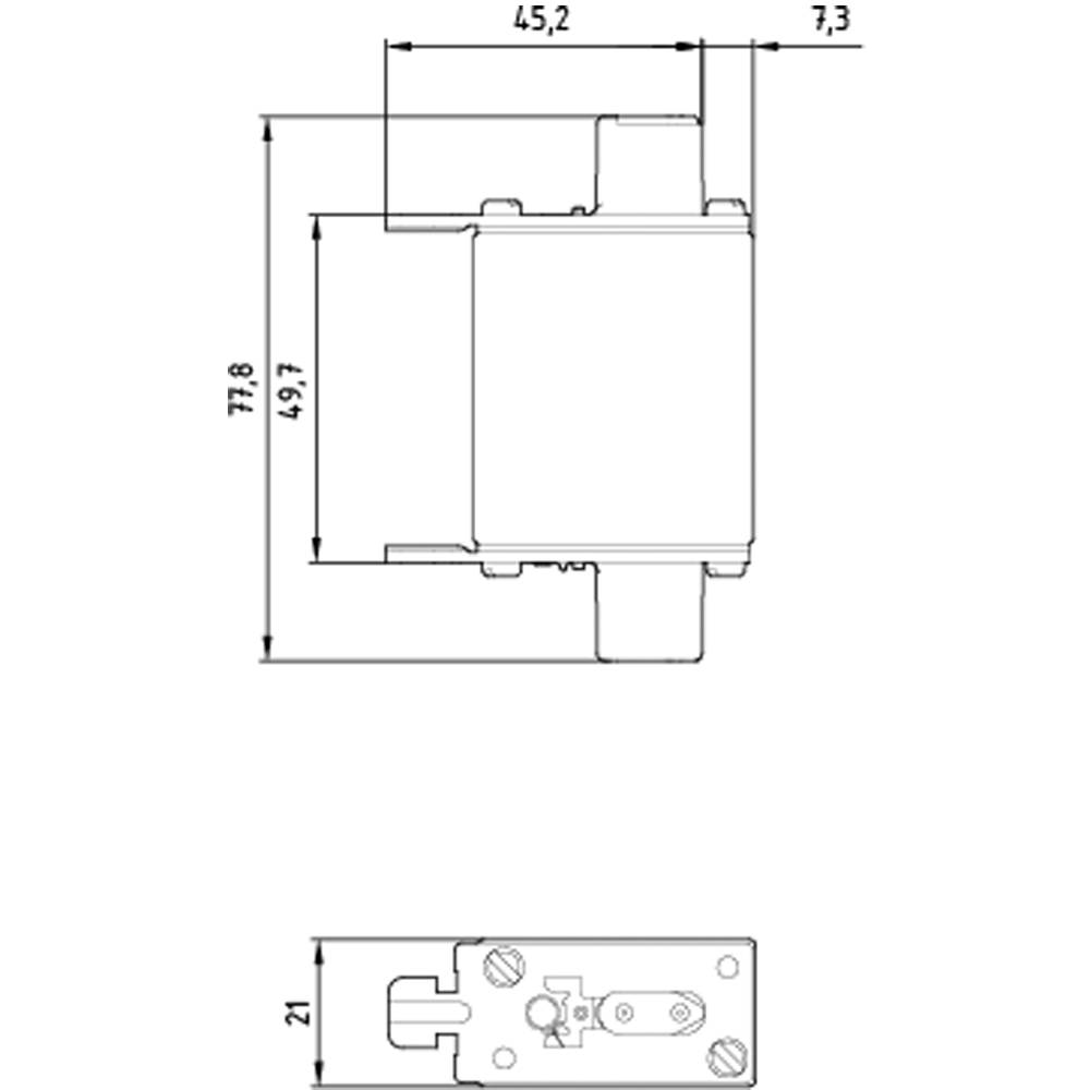 Technische Zeichnung eines rechteckigen Bauteils mit Maßen: 77,8 x 45,2 mm. Zeigt Seitenansicht und Unteransicht mit detaillierten Abmessungen.