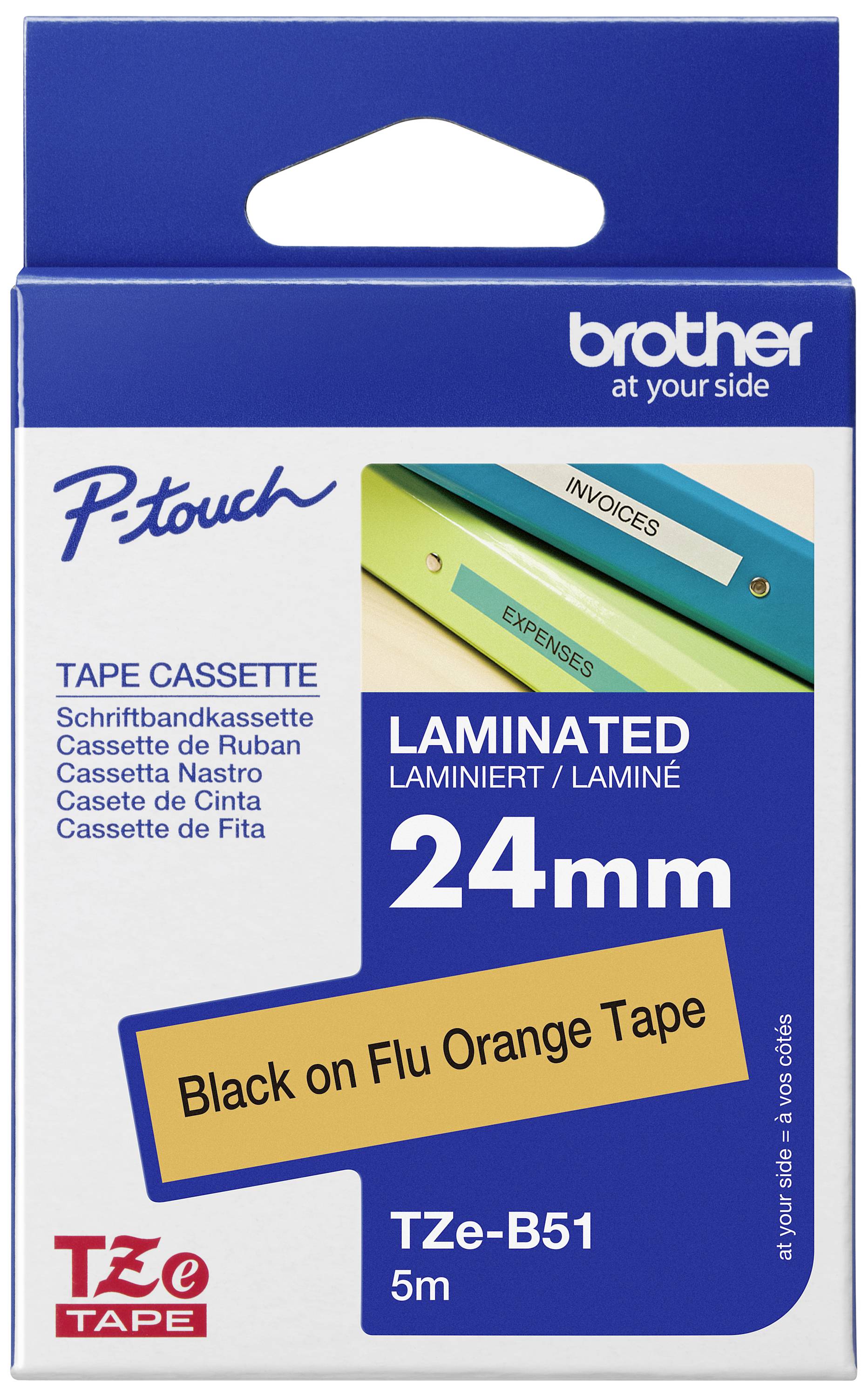'Brother P-touch'-Verpackung für laminierte Schriftbandkassette, 24 mm, 5 m, schwarz auf fluoreszierendem orangefarbenem Band.
