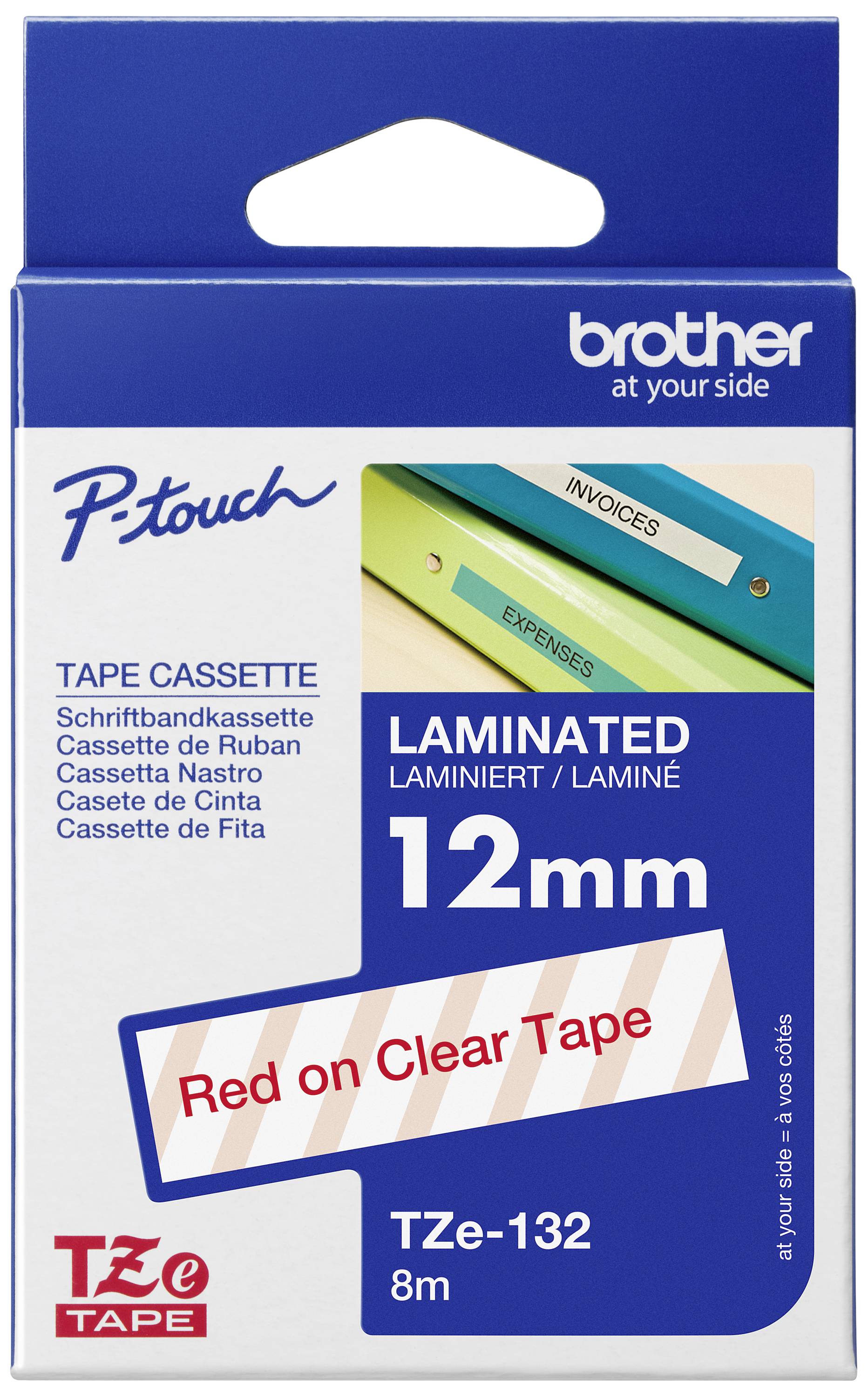 Verpackung für Brother P-Touch Laminierbandkassette, 12mm, rotes Band auf klarem Tape.