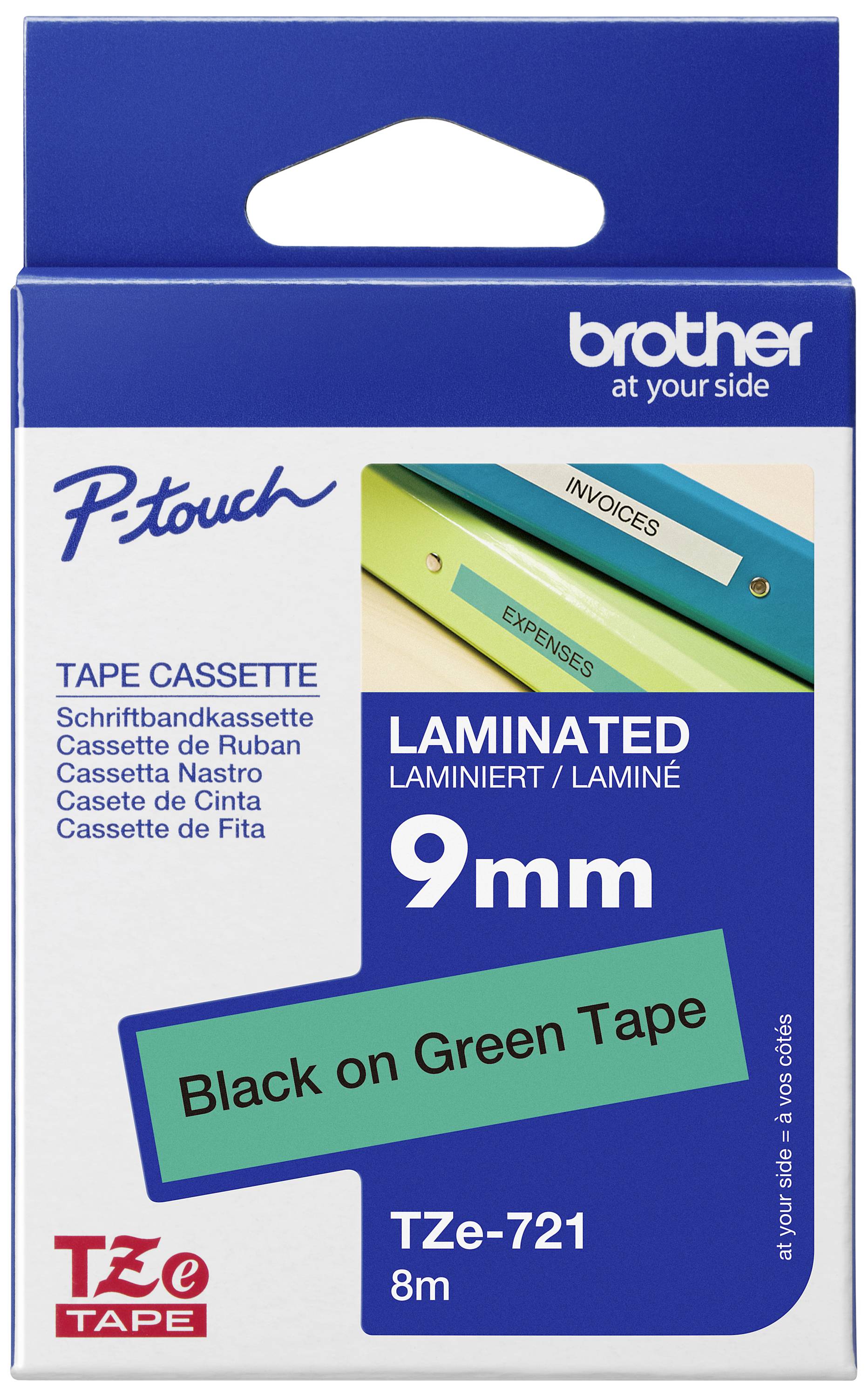 Eine Packung Brother P-Touch Schriftbandkassette mit 9 mm laminiertem Band in Schwarz auf Grün, geeignet für Beschriftungsgeräte.