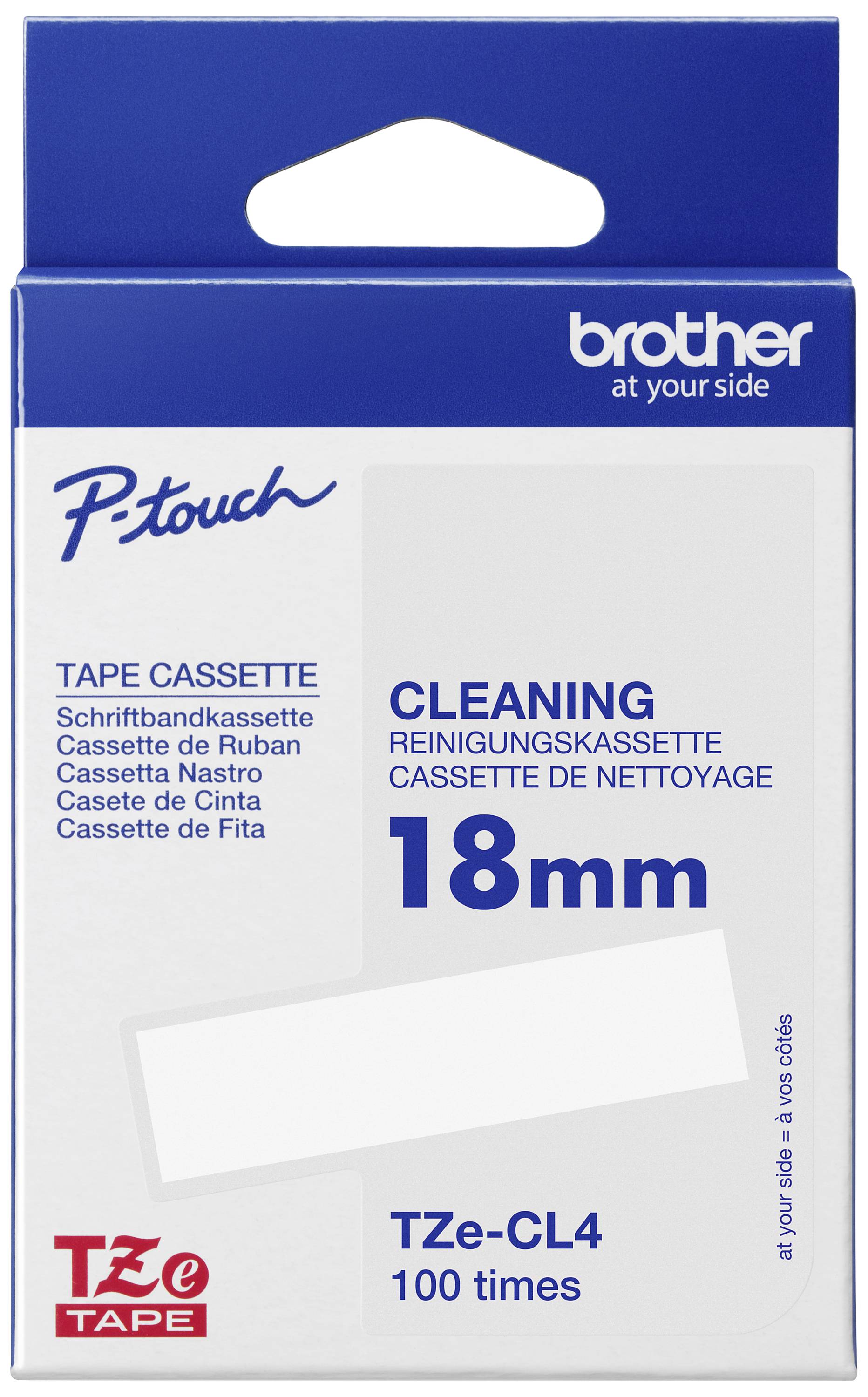 Reinigungskassette für Brother P-touch. 18mm Breite, Modell TZe-CL4, für 100 Anwendungen. Verpackung in Blau und Weiß.