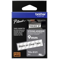 Brother Schriftband Extra stark klebend TZe TZe-S121 Bandfarbe: Transparent Schriftfarbe:Schwarz 9mm 8m Brother Schriftband Extra stark klebend TZe TZe-S121 Bandfarbe: Transparent Schriftfarbe:Schwarz 9mm 8m
