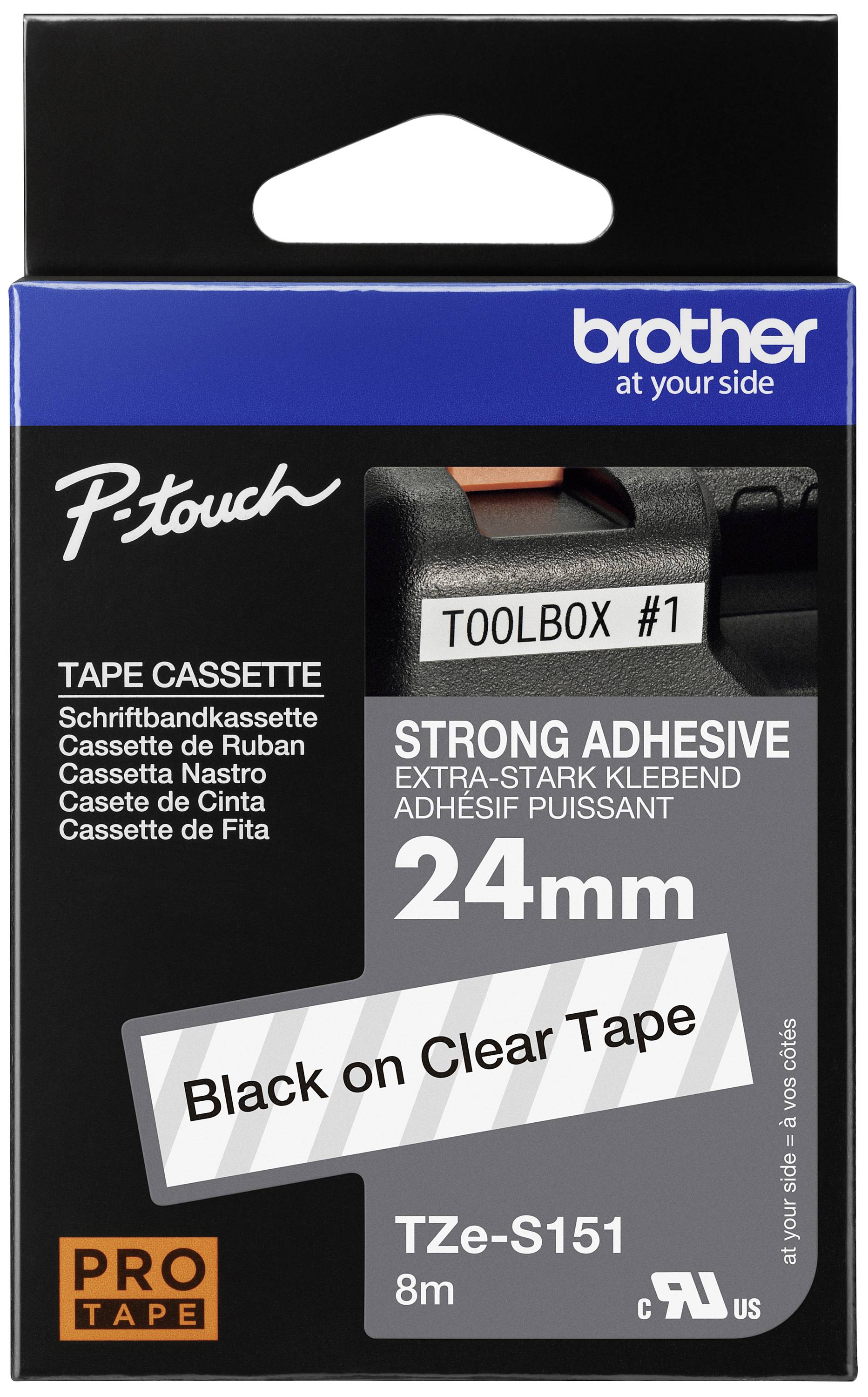 Verpackung einer Brother P-touch Schriftbandkassette mit starker Klebekraft, 24mm, Schwarz auf durchsichtigem Band, 8m Länge.