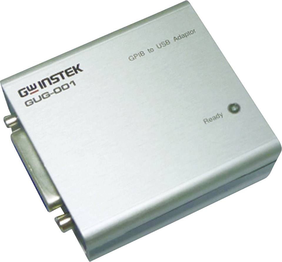 Ein 'GW Instek GUG-001' Adapter für GP-IB zu USB Verbindungen, rechteckig und metallisch mit Anschluss an der Seite und 'Ready'-Anzeige.