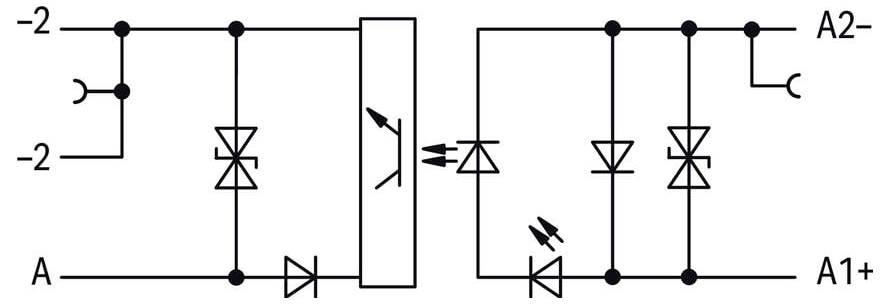 Schaltschema für Stromlaufplan mit Dioden, Widerstand und Optokoppler, das die Signalisolation zwischen Eingang „A