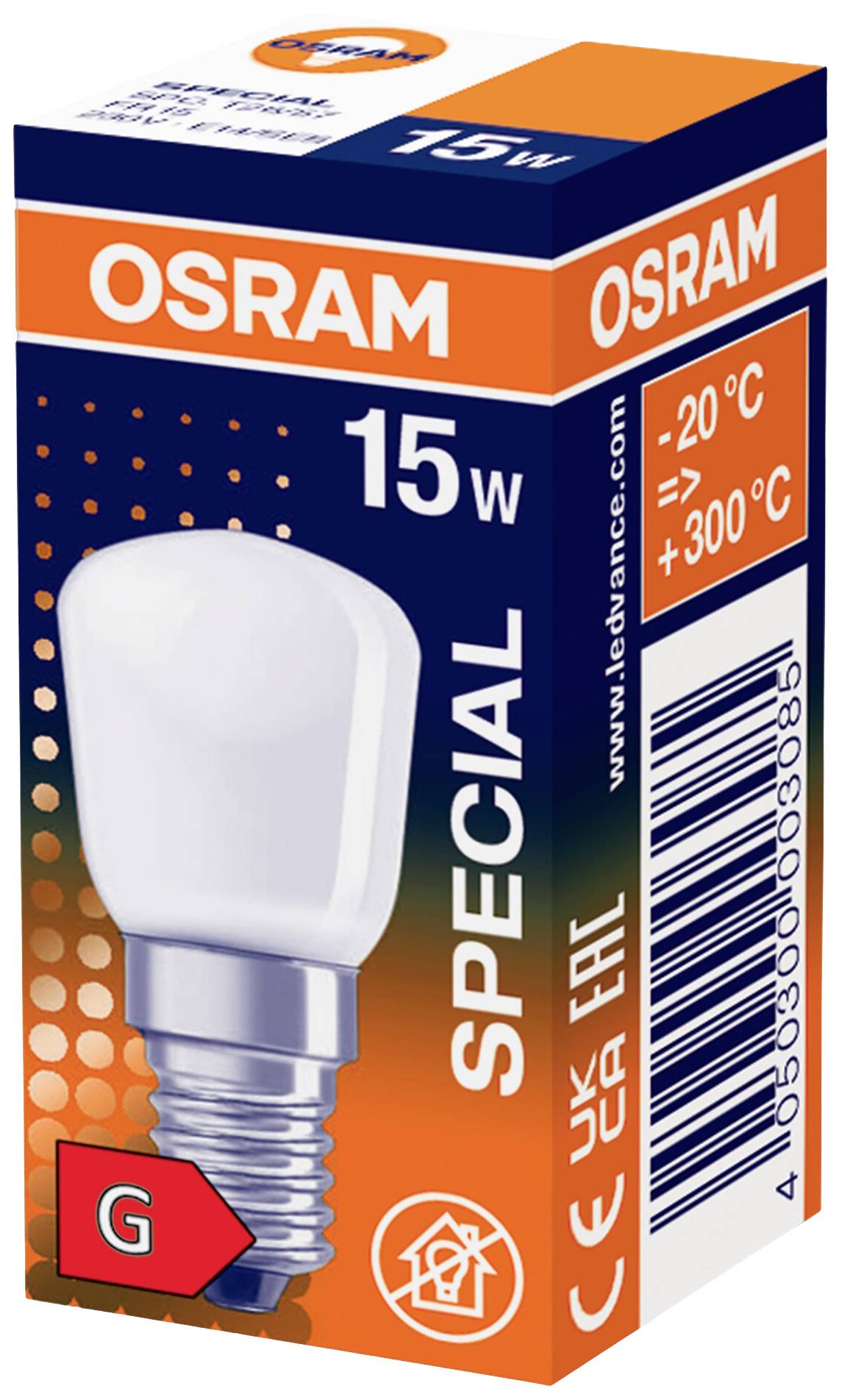 Eine OSRAM-Glühbirnenverpackung für eine 15W Speziallampe, mit Temperaturbereich von -20°C bis +300°C, Energieeffizienzklasse G.