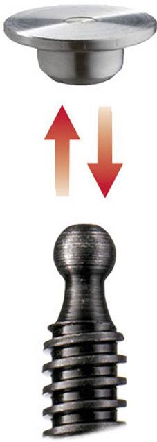 Darstellung eines Schraubmechanismus: Eine metallische Schraube mit geriffeltem Schaft zeigt durch rote Pfeile auf eine metallische Nut.