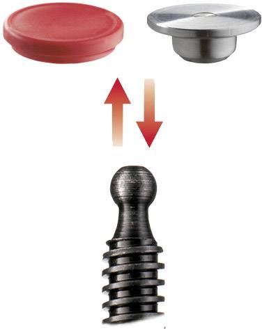 Diagramm zeigt einen Kolbenmechanismus mit Pfeilen, die Auf- und Abwärtsbewegung anzeigen. Oben: roter und silberner Kolben.