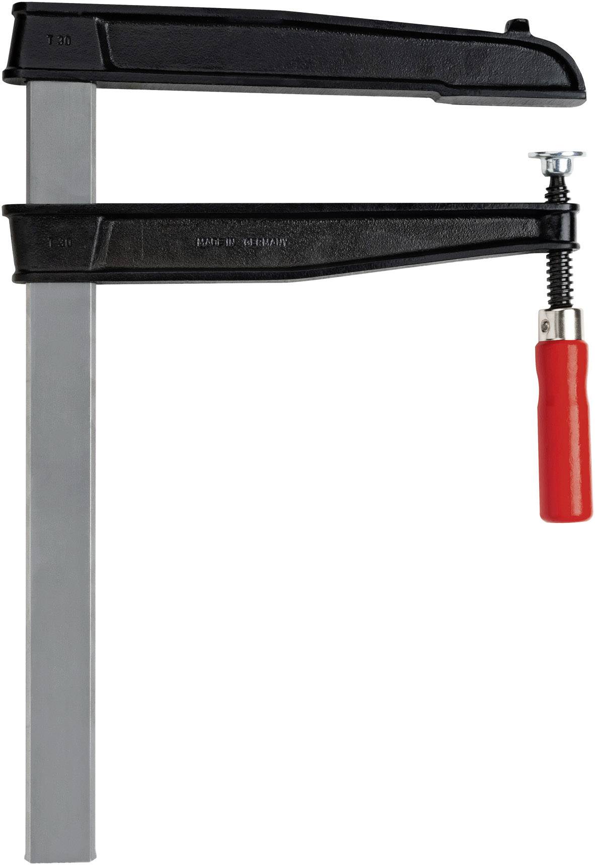 Metall-Schraubzwinge mit schwarzem Rahmen und rotem Griff, geeignet zum Fixieren von Werkstücken bei Holz- oder Metallarbeiten.