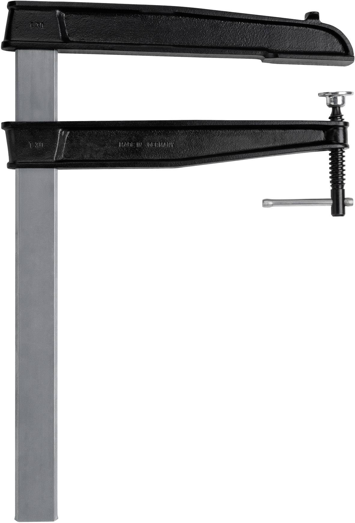 Ein schwarzer Schraubzwinge mit Metallschiene und Schraubmechanismus, zur Stabilisierung von Werkstücken beim Verkleben oder Sägen.