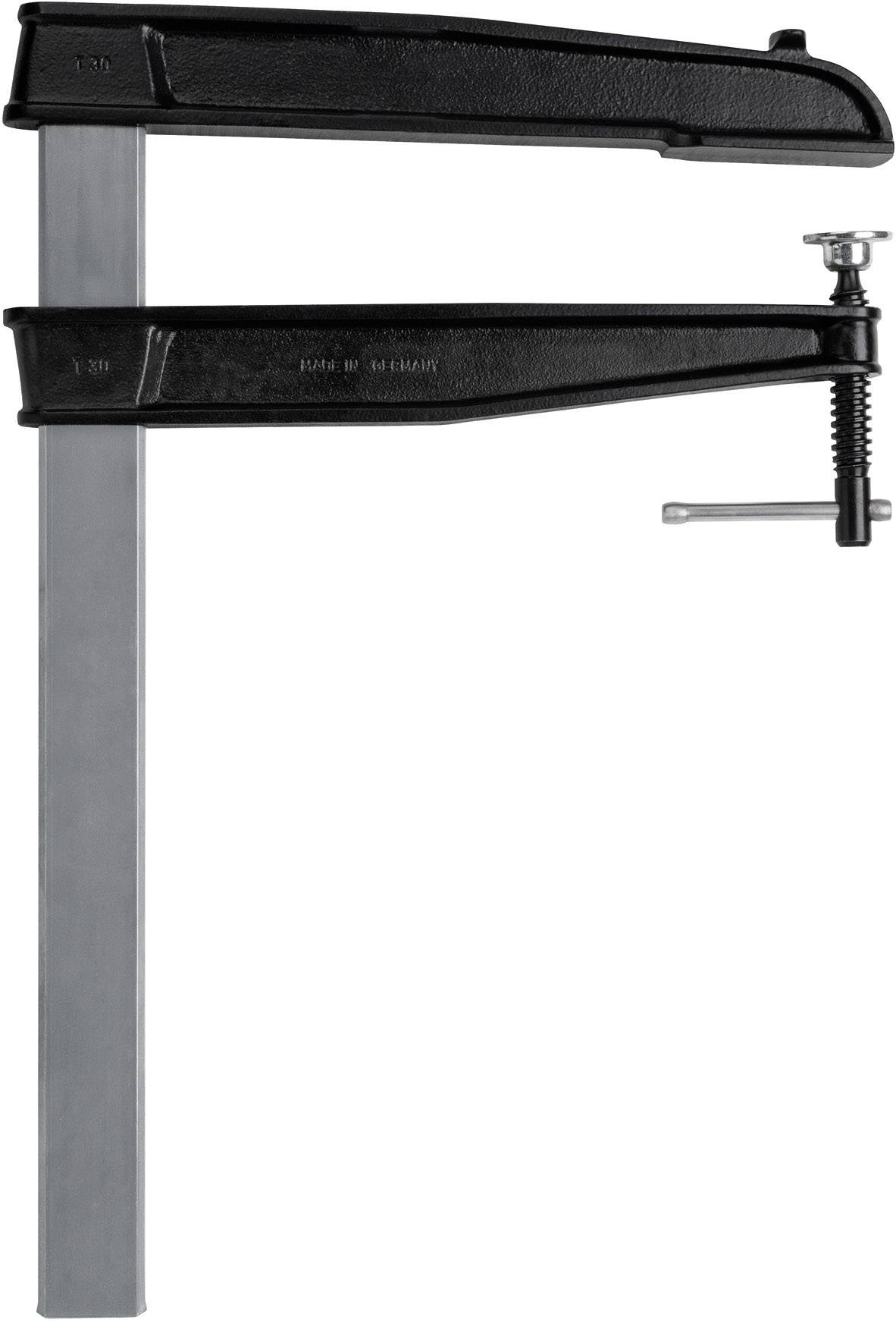 Eine große, schwarze Schraubzwinge aus Metall, die zum Fixieren von Werkstücken verwendet wird. Sie besitzt einen langen, vertikalen Arm.