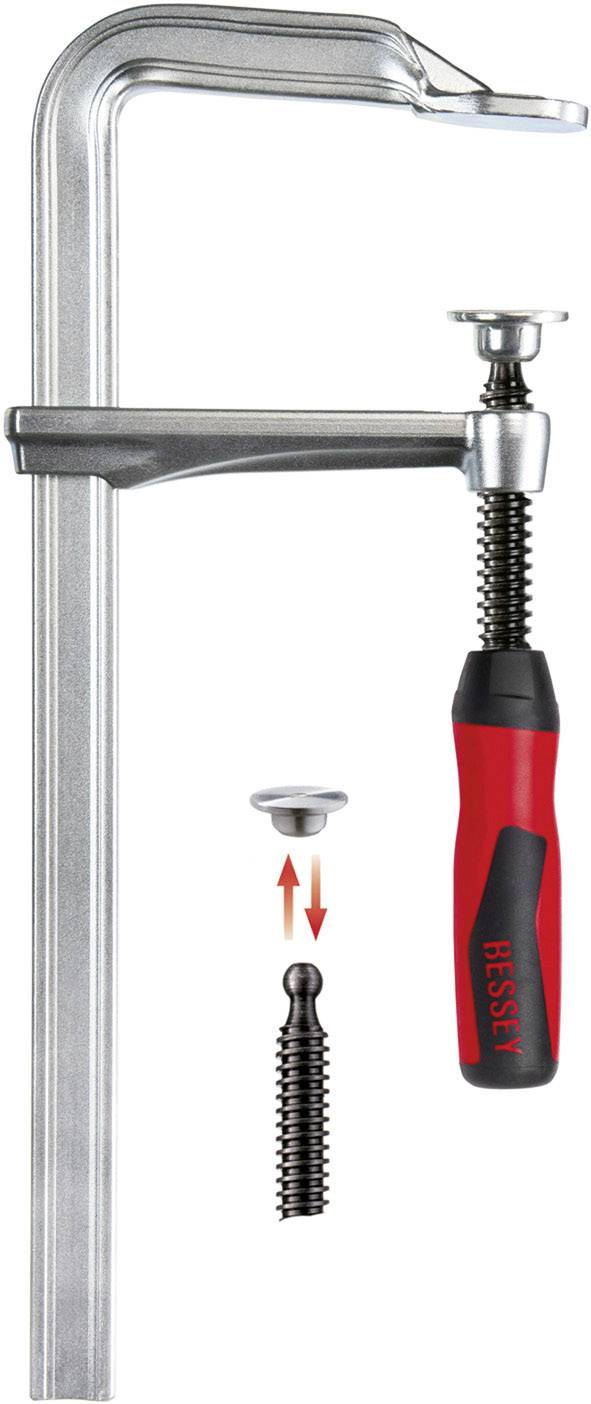 Metallzwinge mit rotem Griff und austauschbarem Gewindebolzen. Markenlogo 'BESSEY' auf dem Griff sichtbar.