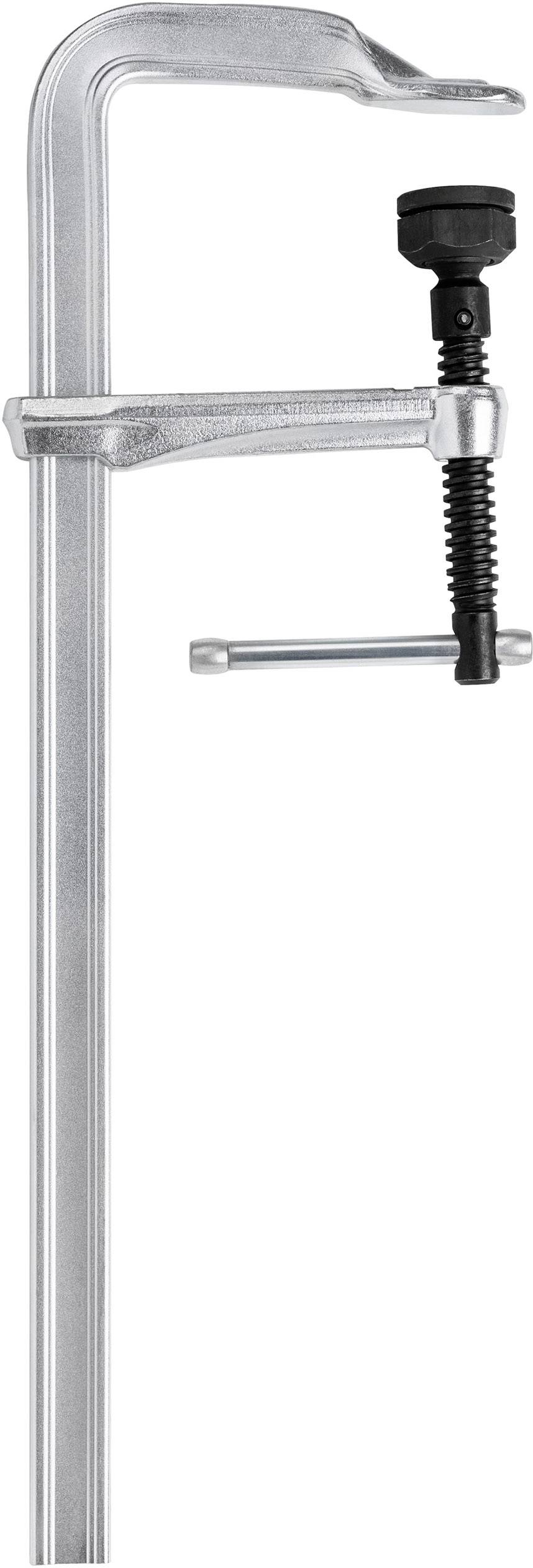 Eine silberne C-Schraubzwinge aus Metall mit schwarzem Drehgriff zur Anpassung der Spannweite.