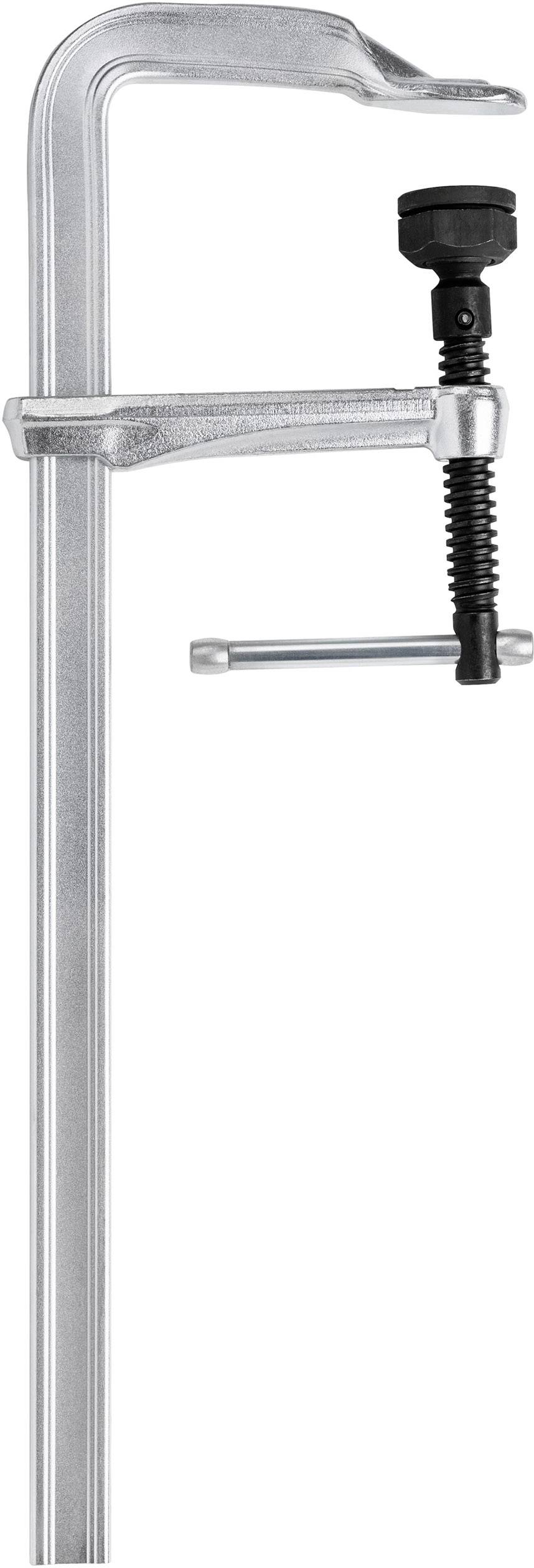 Metall-Schraubzwinge mit verstellbarem Kiefer und Hebelgriff. Zum Halten oder Festklemmen von Werkstücken in Position.