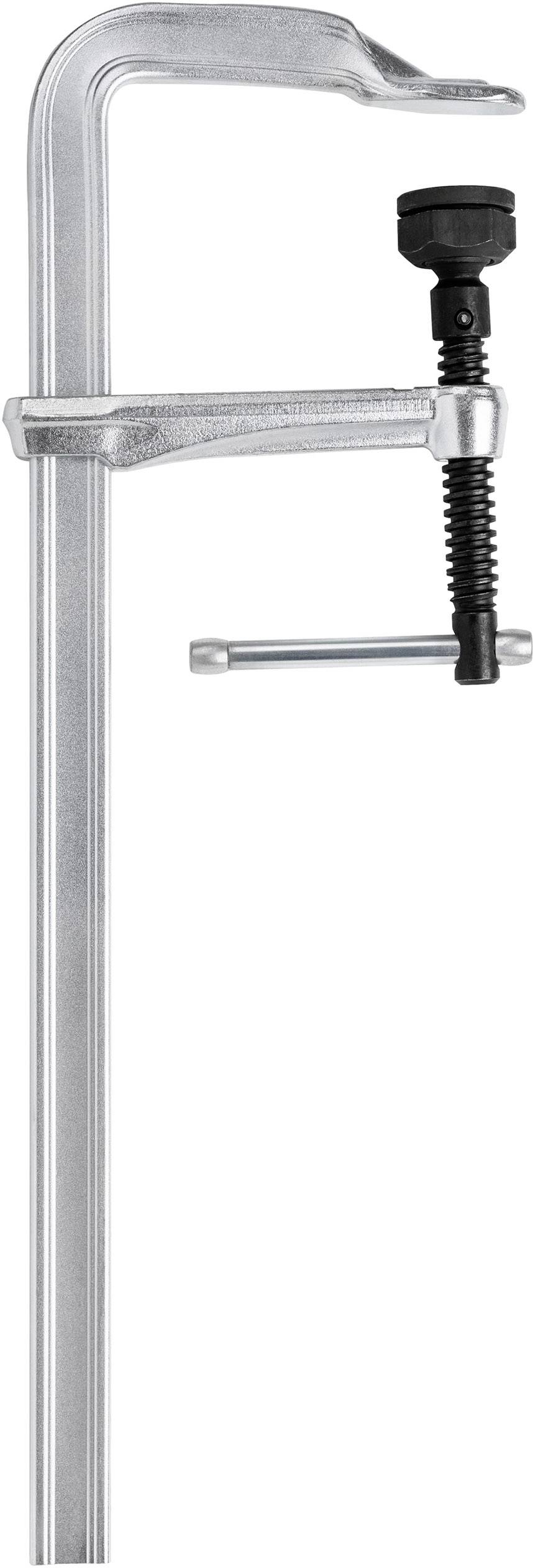 Metall-Schraubzwinge mit Haltegriff und einstellbarer Schraube, genutzt zum Fixieren von Werkstücken in handwerklichen Arbeiten.