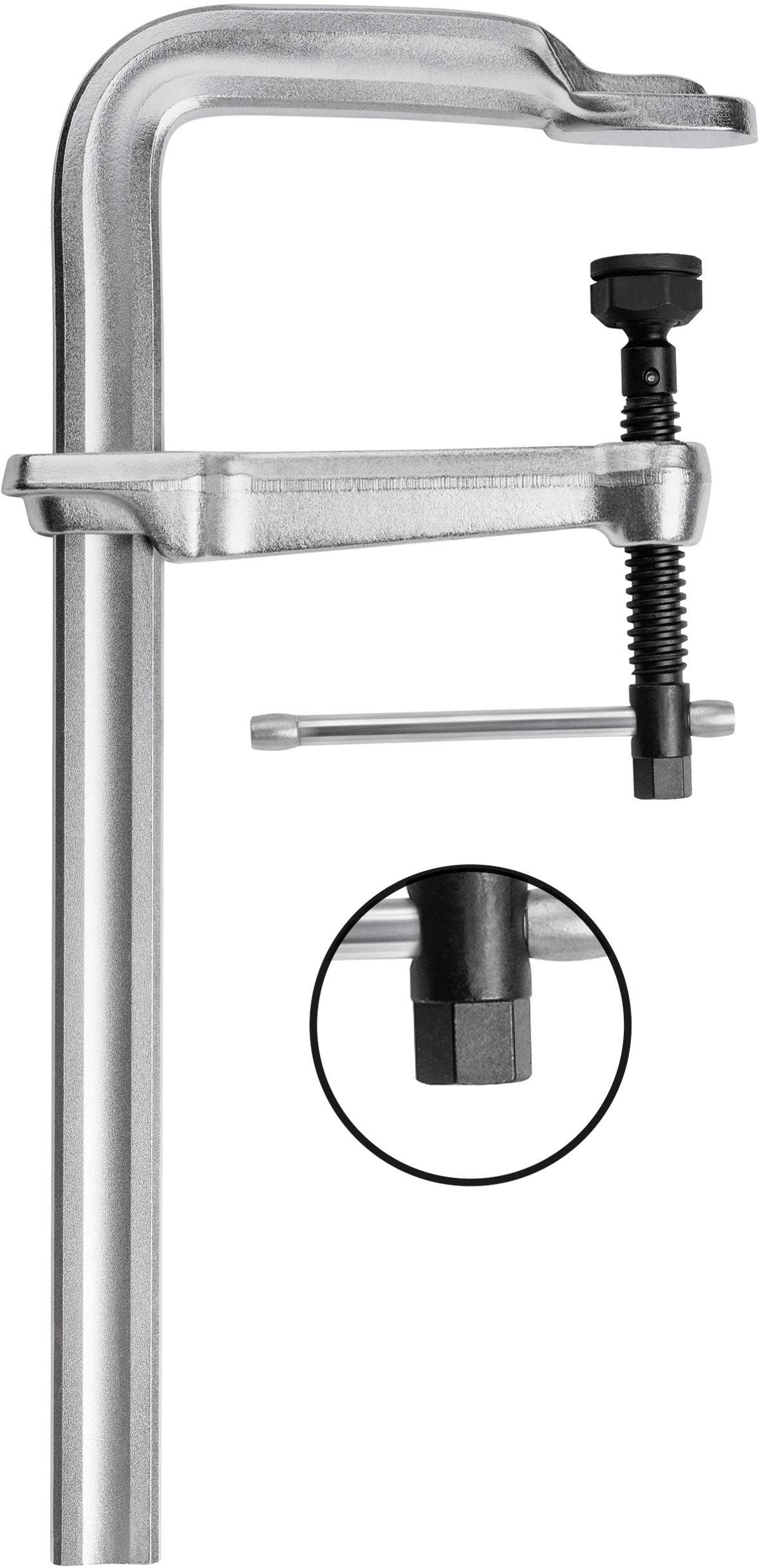 Metallische Schraubzwinge mit langem Griff und verstellbarer Schraube für sicheren Halt bei Arbeiten. Nahaufnahme der Schraube.