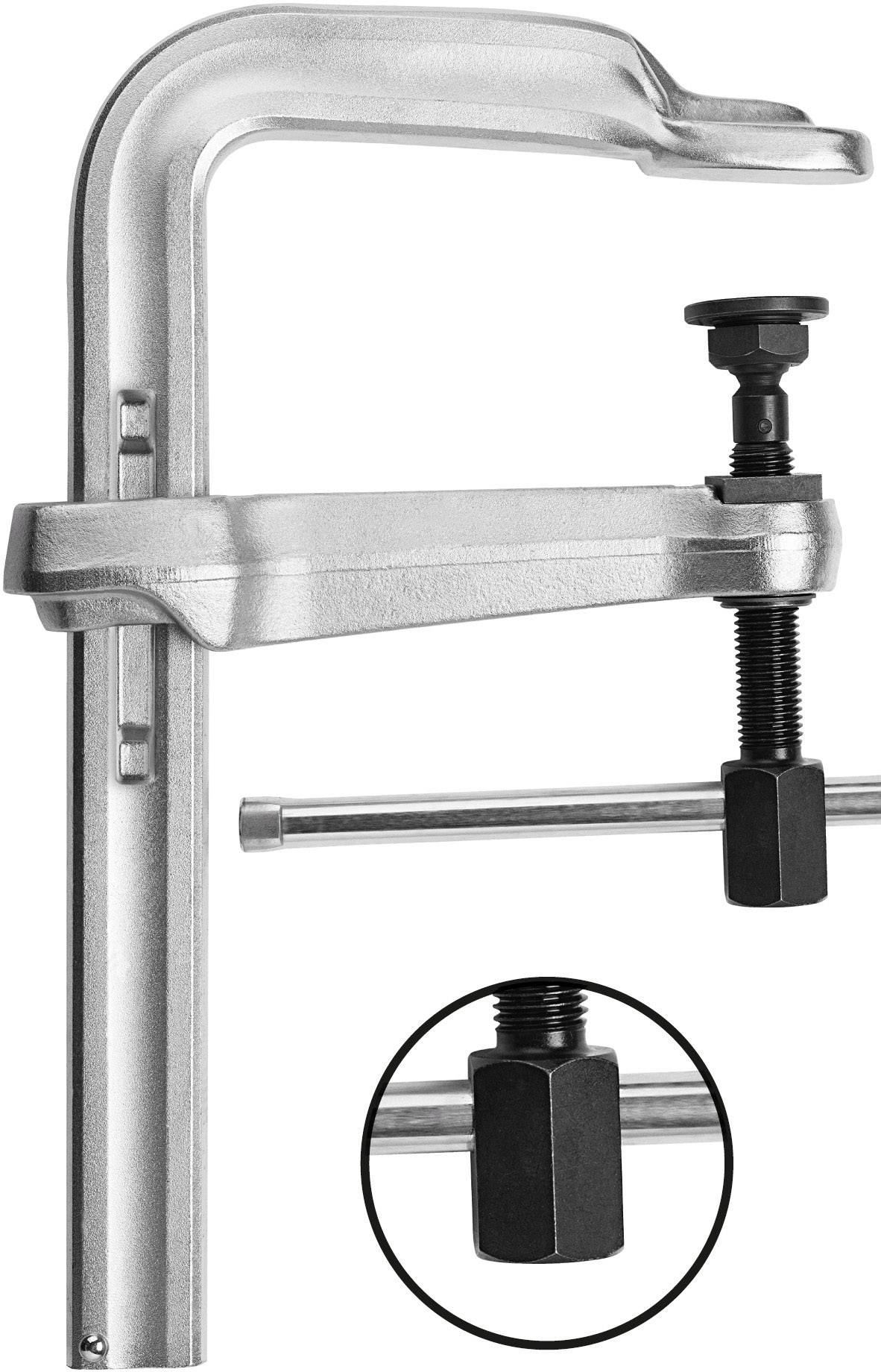Metallzwinge, bestehend aus einer stabilen Schiene und einem verstellbaren Arm mit Schraubmechanismus für sicheren Halt von Werkstücken.