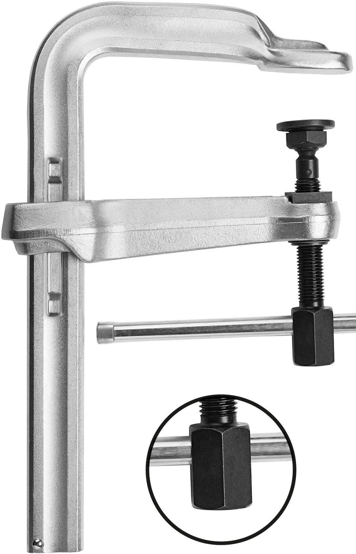 Eine silberne Schraubzwinge mit einer schwarzen Schraube zum Fixieren von Materialien. Scharniere und Drehmechanismus sind sichtbar.
