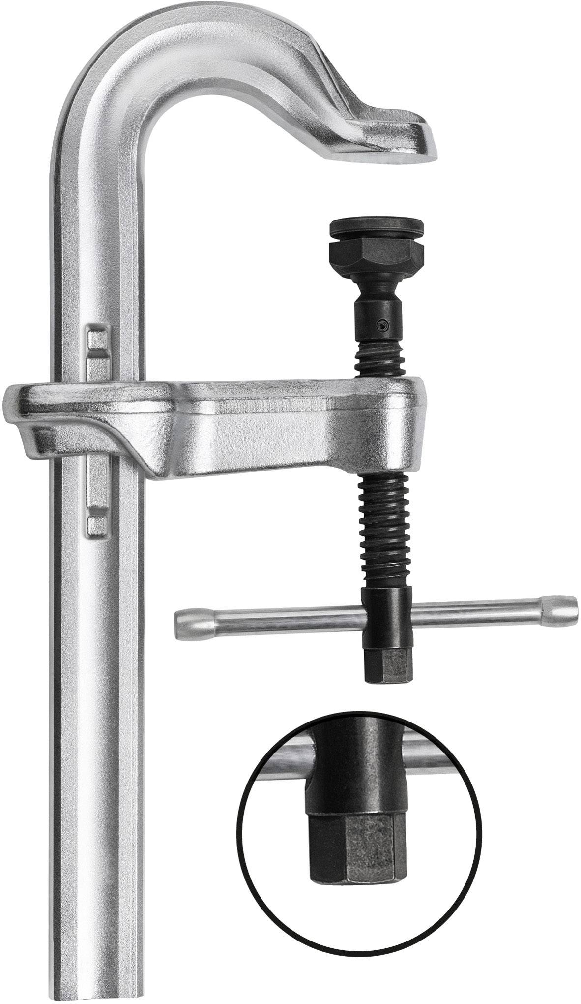 Metallzwinge mit rundem Griff und Kunststoffschraube. Verwendet für präzises Klemmen in Werkstattarbeiten. Nahaufnahme des Schraubteils.