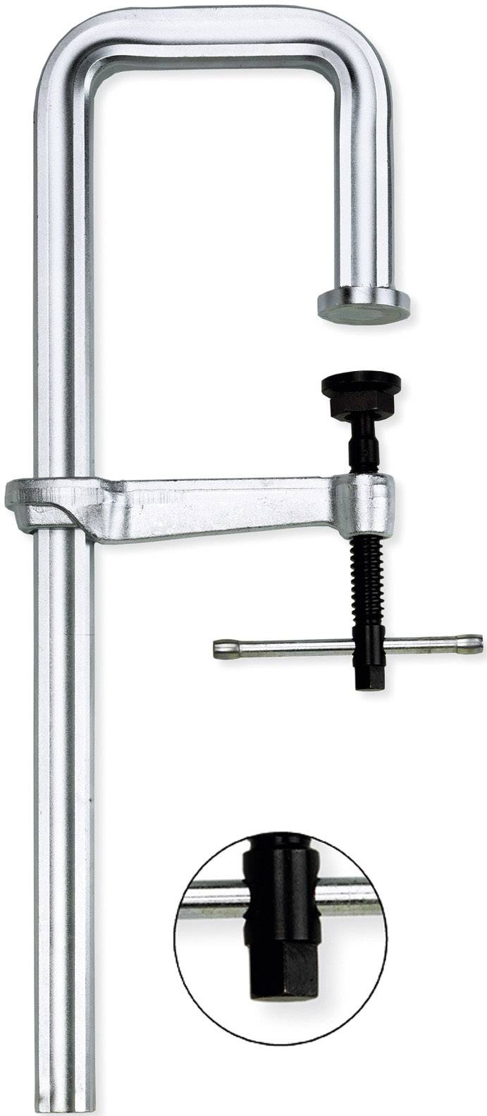 Ein Schraubzwinge aus Metall mit verstellbarem Griff und Drehmechanismus zum Fixieren von Werkstücken. Kleines Detail der Schraubmechanik vergrößert im Kreisfenster.