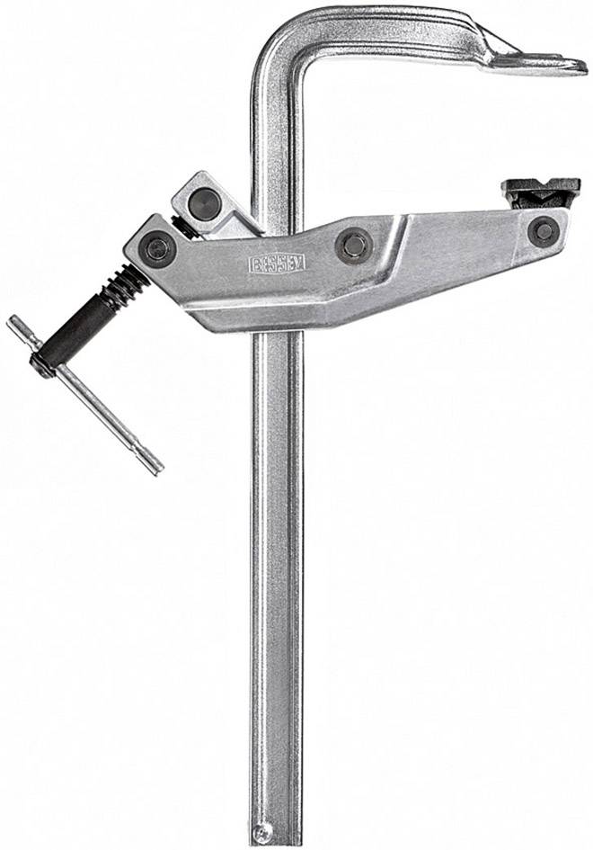 Metallzwinge mit Schwenkmechanismus und Schraubspindel, genutzt zum Fixieren von Werkstücken in Handwerks- und Bauarbeiten.