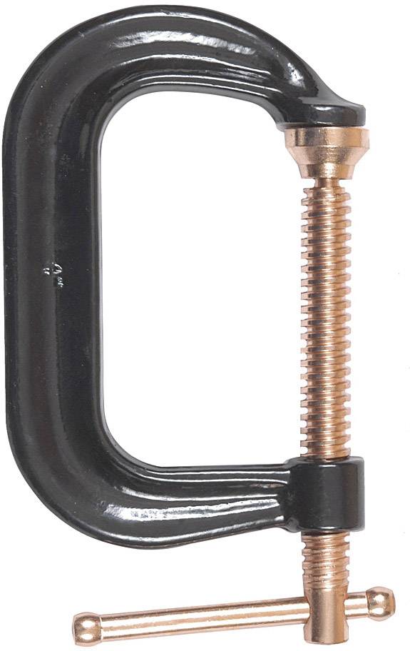 Ein C-Schraubstock aus Metall mit einem schwarzen Rahmen und einer Kupfer-Gewindespindel. Ideal zum Halten von Materialien beim Arbeiten.