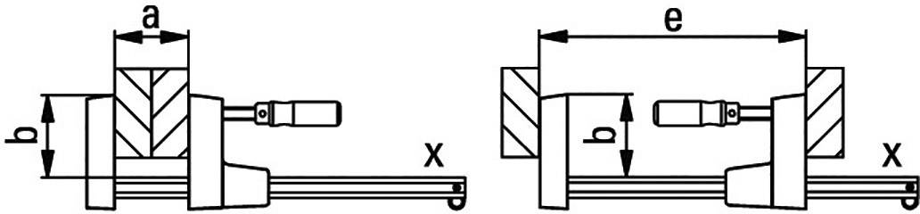 Technische Zeichnung von zwei Schraubstöcken mit Maßen 'a', 'b', 'd', und 'e'. Zeigt Anordnung und Größenverhältnisse der Teile.