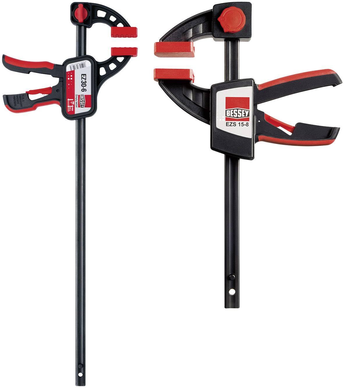 Zwei Schraubzwingen mit schwarzem Stab und roten Griffen, geeignet zum Fixieren von Werkstücken in der Holz- oder Metallverarbeitung.