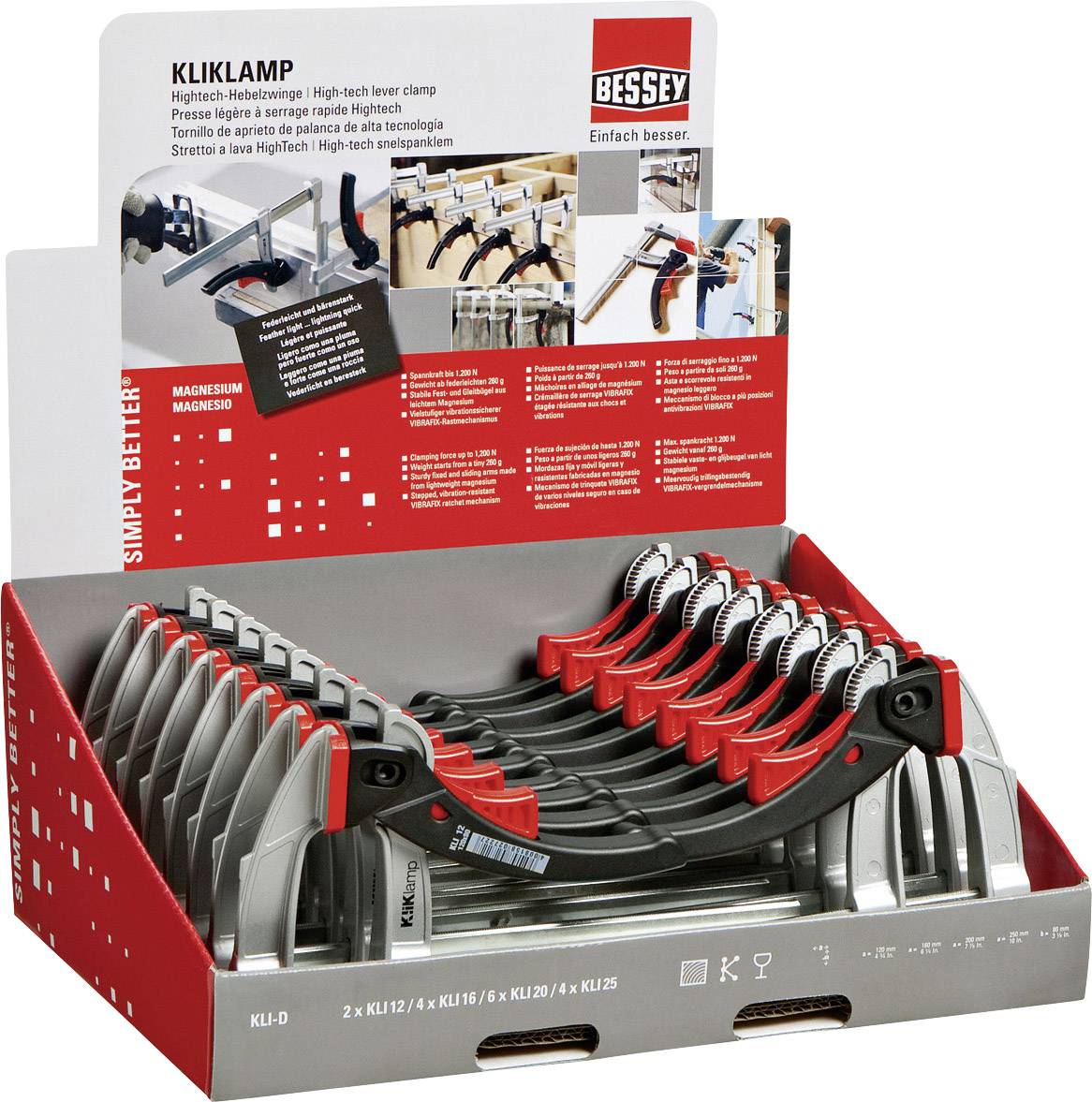 Verpackung mit mehreren Bessey Klammern, die für präzises und kraftvolles Spannen verwendet werden; rote und graue Farbtöne.