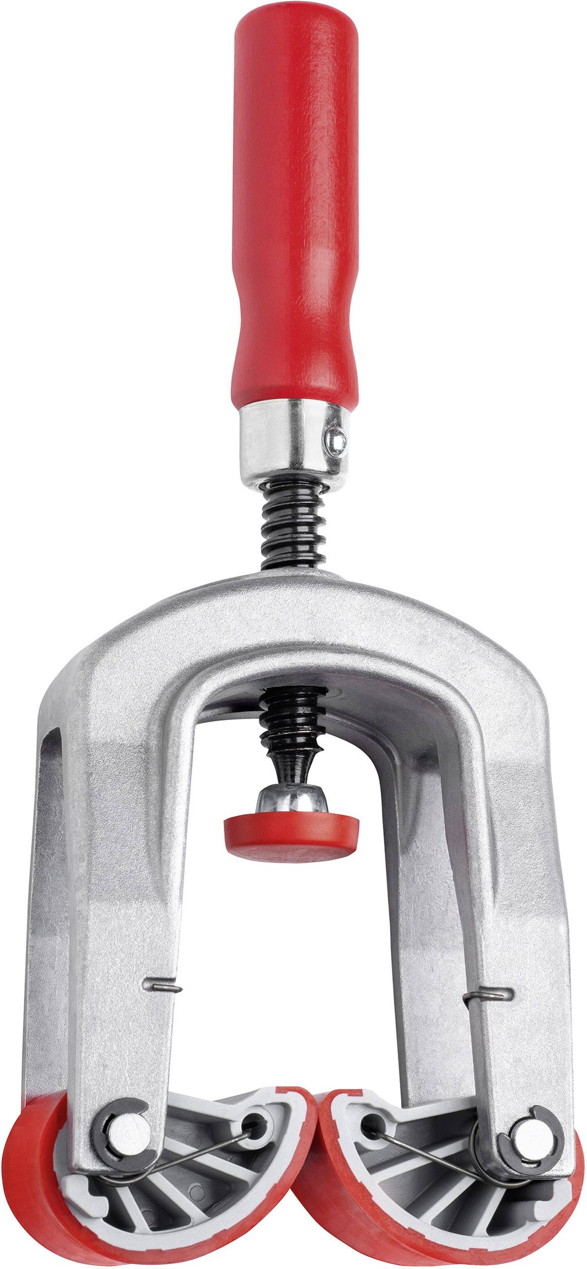 Ein C-Griff mit zwei Rollen und einem roten Handgriff, verwendet für Spannung oder Druck auf Werkstoffe.