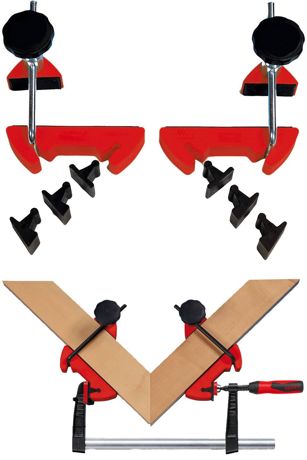 Illustration von zwei Federklemmen, die angewinkelte Holzbretter halten, um eine V-förmige Eckverbindung zu bilden.