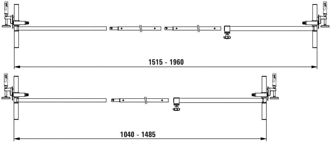 Darstellung von zwei einstellbaren Konstruktionen. Oben: Längenbereich 1515-1960 mm. Unten: Längenbereich 1040-1485 mm.