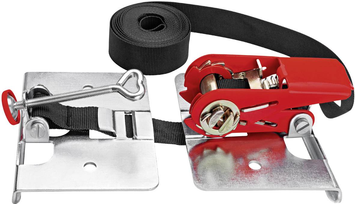 Spanngurt mit Ratsche, Metallhaken und Befestigungsplatten, schwarz-rotes Design, zum sicheren Halten von Lasten.