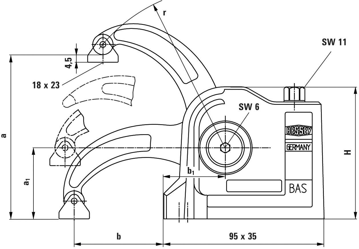 Technische Zeichnung eines Spannwerkzeugs mit Maßangaben. Markante Details: SW 11, SW 6, 95 x 35 mm. Verschiedene Winkel und Abstände angegeben.