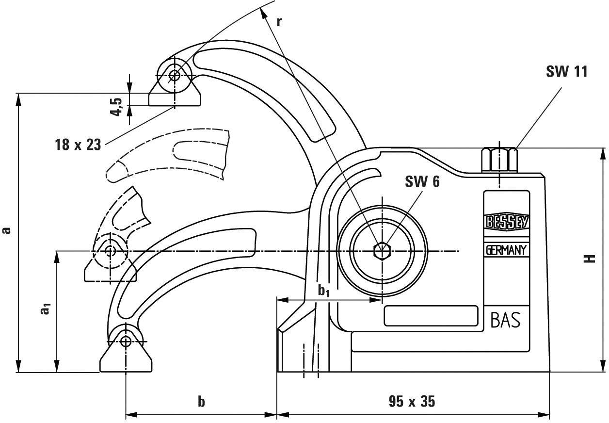 Technische Zeichnung eines Werkzeugs mit Abmessungen in Millimetern. Hauptmaße sind 95x35 für den Grundkörper und 18x23 für eine Komponente.