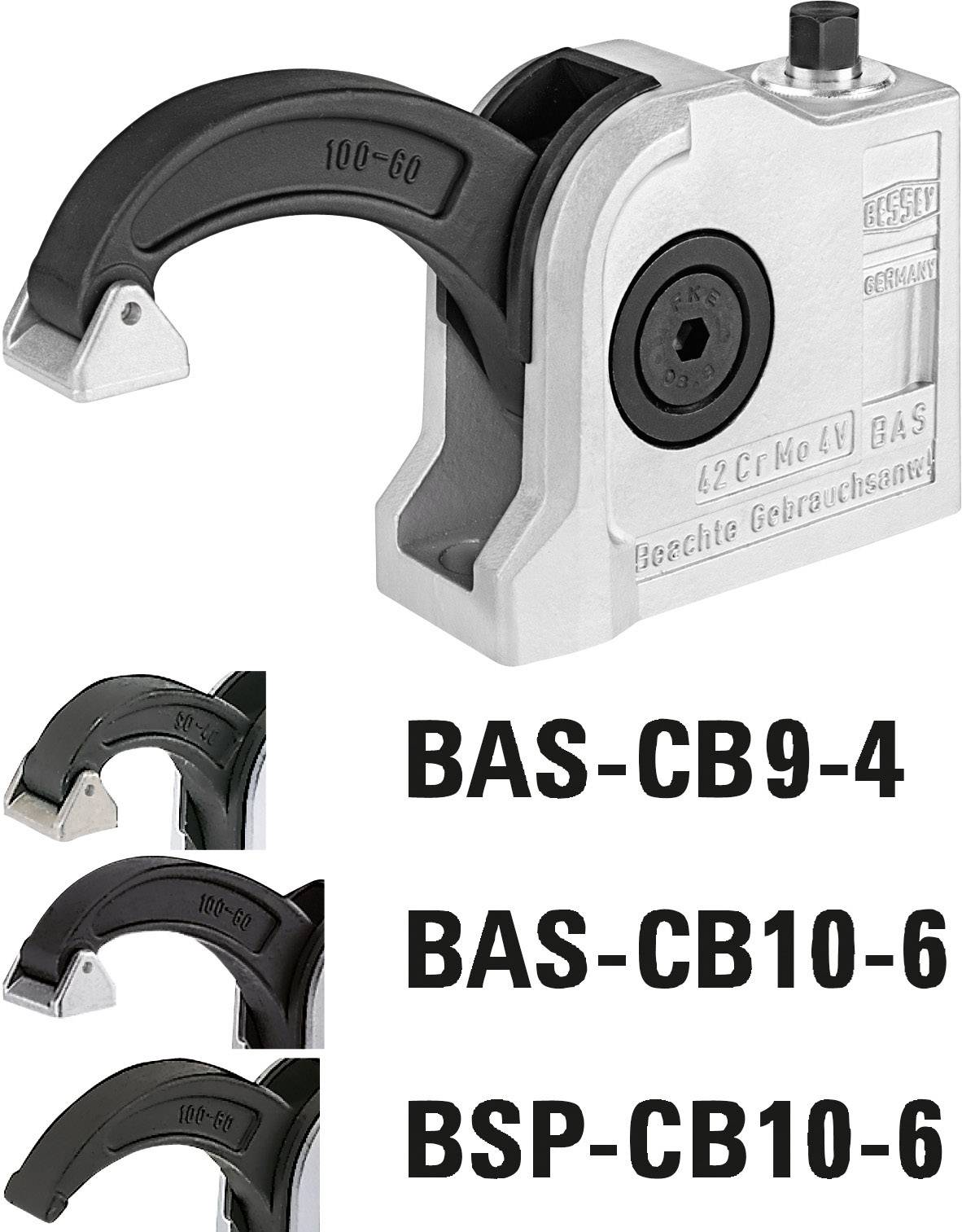 Ein Werkzeughalter mit drei Anwendungsbeispielen. Modelle: 'BAS-CB9-4', 'BAS-CB10-6' und 'BSP-CB10-6'.