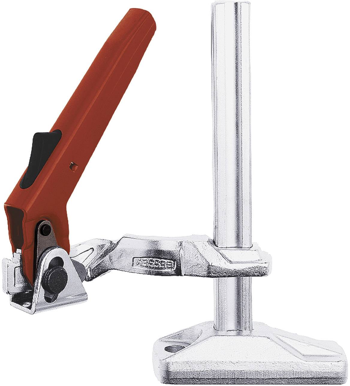 Eine silberne Halterung mit rotem Griff, montiert auf einer stabilen Basis. Design für industrielle Anwendungen.