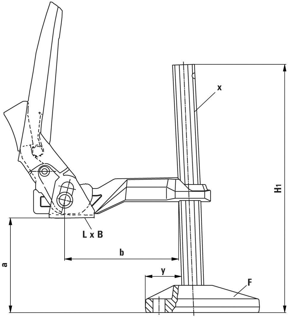 Technische Zeichnung eines verstellbaren Monitors auf Standfuß. Beschriftungen zeigen Maße: 'L x B', 'a', 'b', 'x', 'y', 'H'.