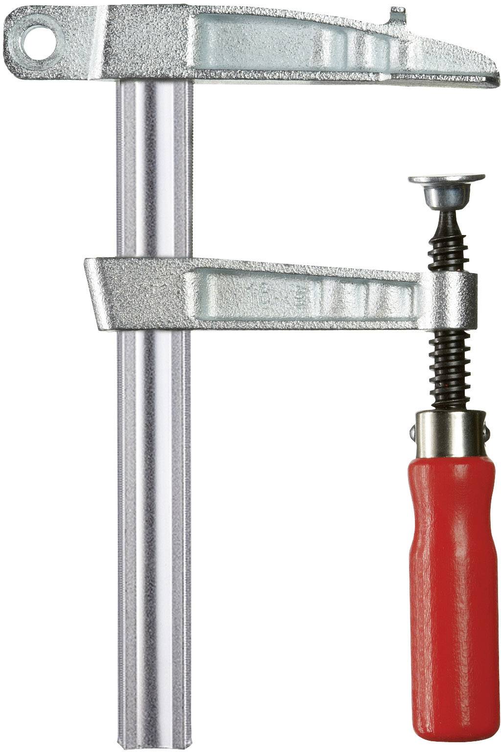 Metallzwinge mit silbernem Korpus und rotem Griff, vor weißem Hintergrund. Verwendet zum Fixieren oder Halten von Werkstücken.