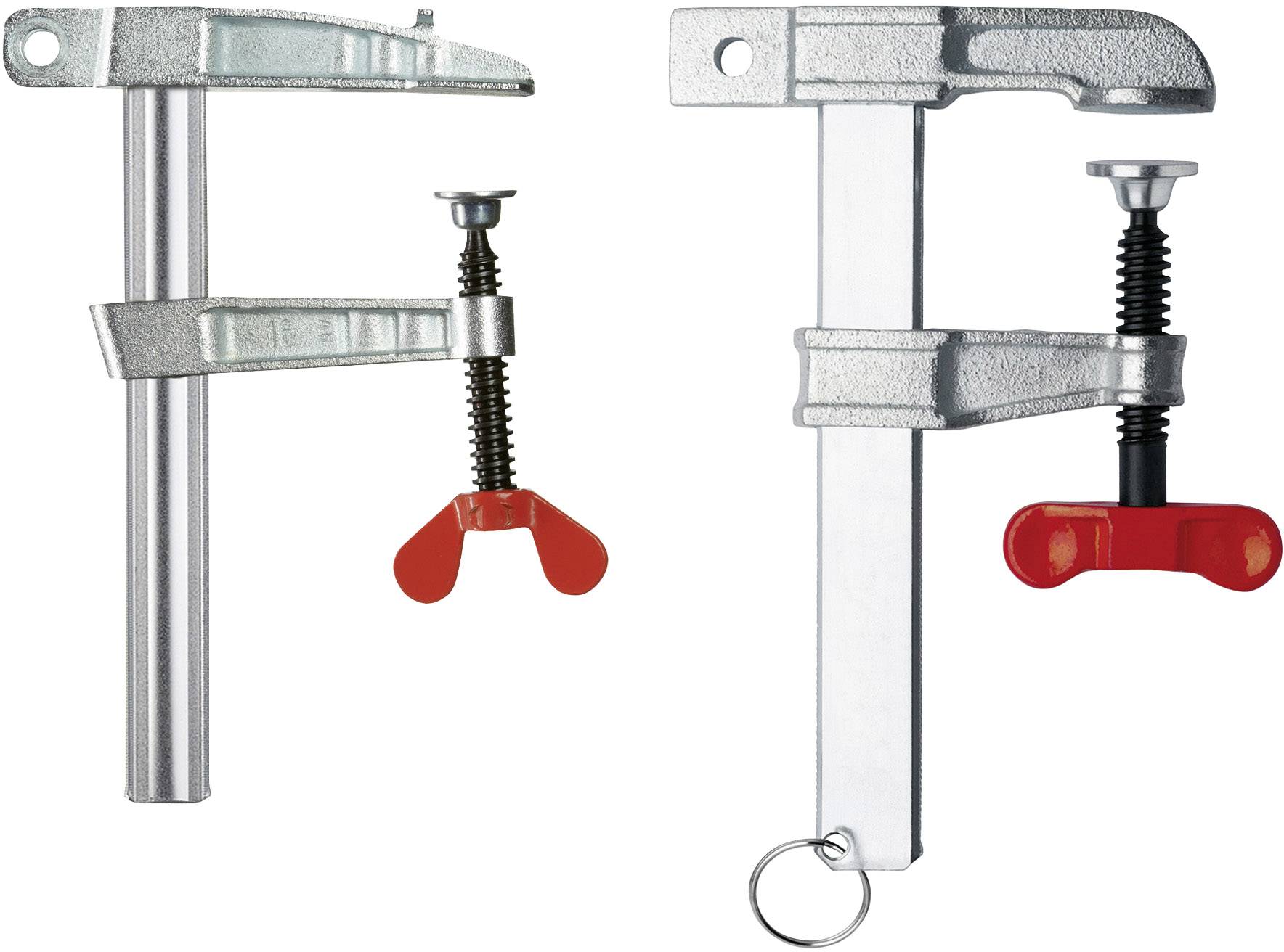 Zwei Metallzwingen, eine links mit rundem Griff, eine rechts mit rotem, flügelartigem Griff. Beide haben Schraubmechanismen.