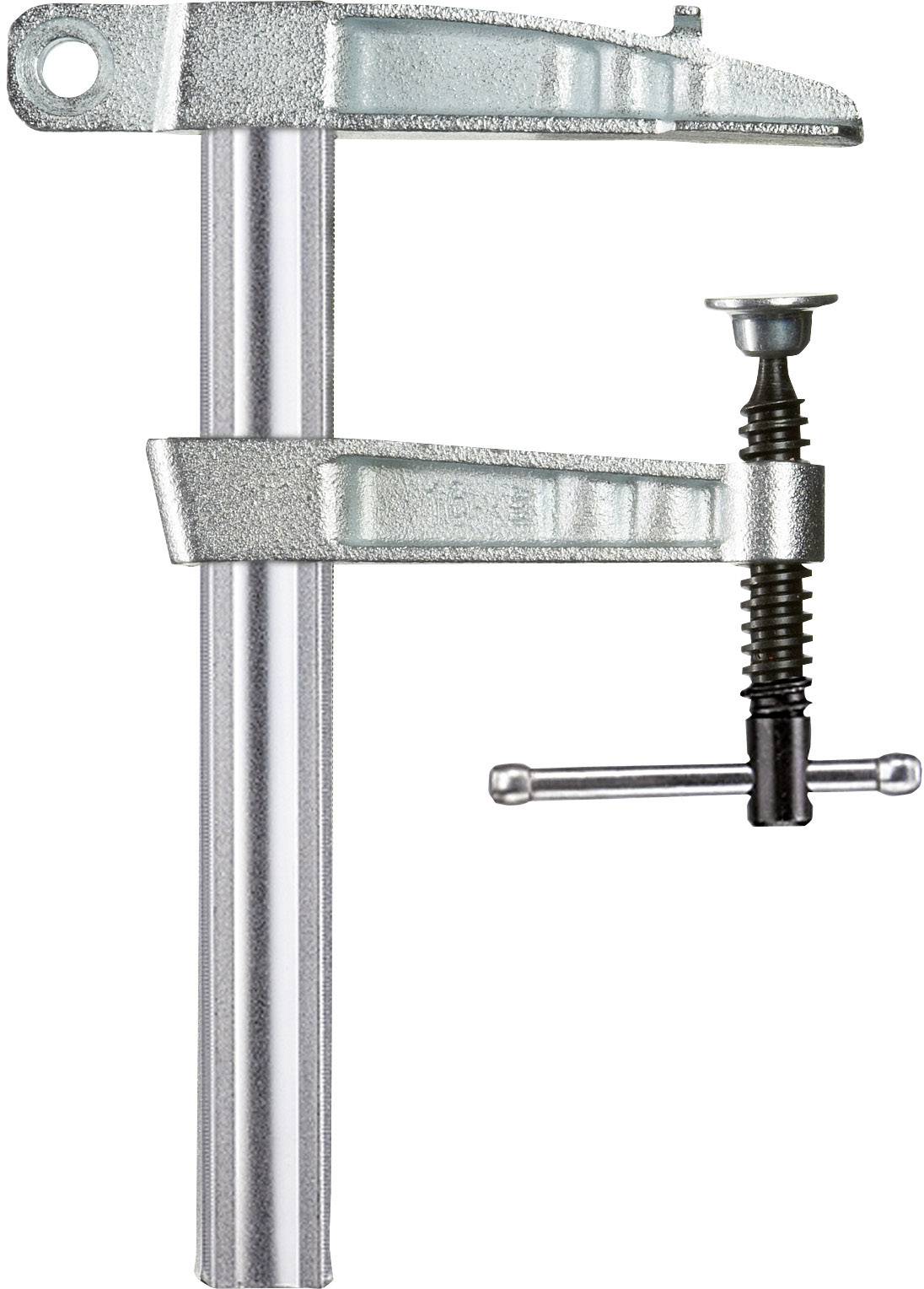 Silberne Schraubzwinge mit Metallgriff und Spindel, vertikal ausgerichtet, vor weißem Hintergrund.