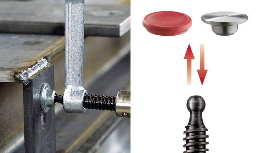 Ein Spannmechanismus klemmt Metall. Rechts davon zwei Kappen, eine rot, eine silbern, mit Pfeilen, die Bewegungsrichtung zeigen.