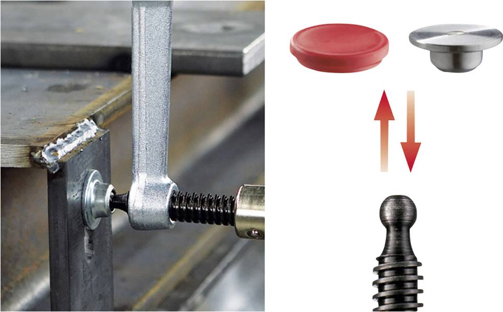 Ein Schraubstock auf der linken Seite spannt ein Metallteil. Rechts oben sind zwei Knöpfe in Rot und Silber mit Pfeilen, die die Richtung zeigen. Unten ein schwarzer Griff.