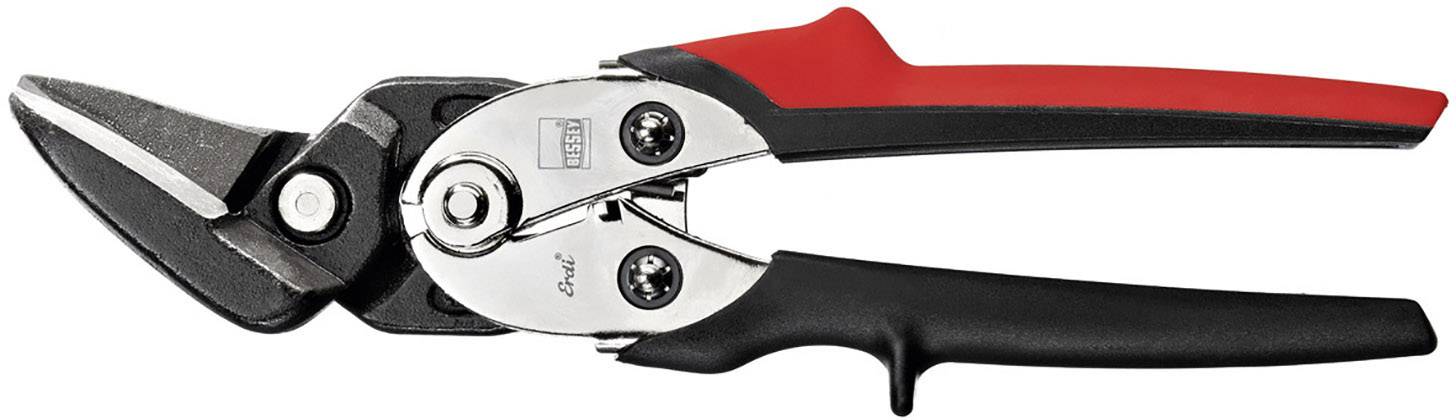 Metallschere mit rotem und schwarzem Griff, geeignet zum Schneiden von Blech. Sie hat eine scharfe, robuste Klinge und ergonomisches Design.