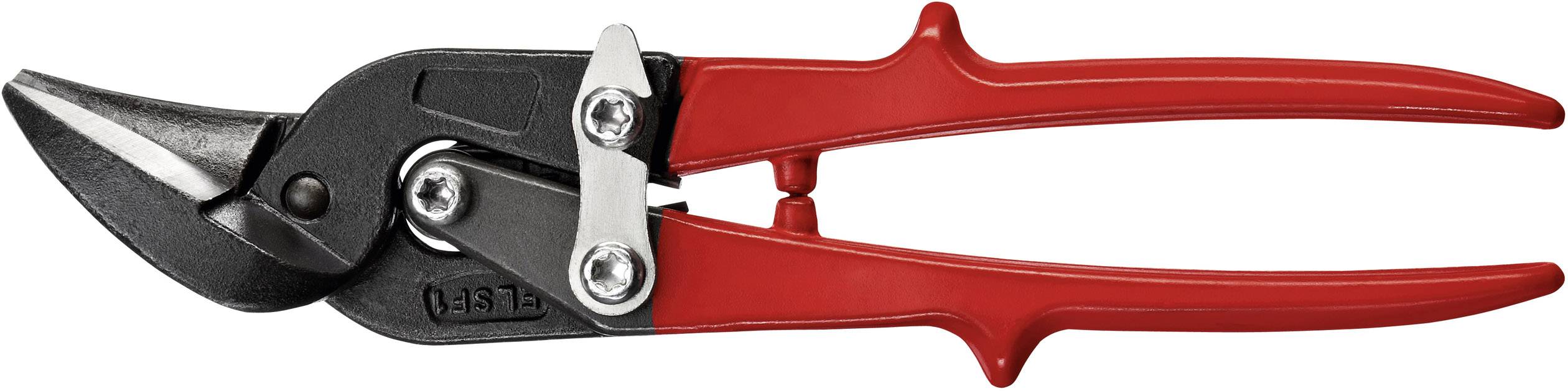 Eine rote Blechschere mit schwarzer Klinge und Griff. Sie wird zum Schneiden von Metallblechen verwendet.