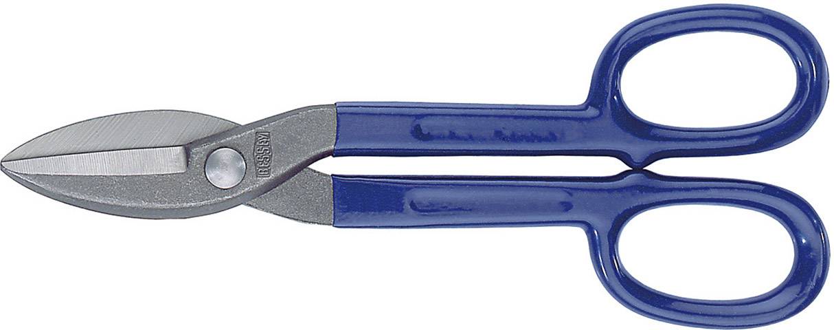 Eine blaue Metallschere mit kurzen, breiten Klingen und runden Griffen, liegt seitlich auf einer hellen Oberfläche.